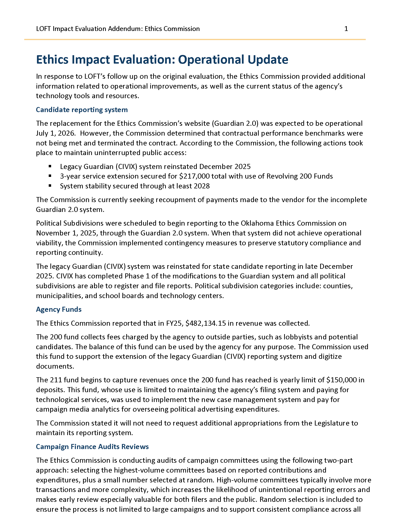 preview of Ethics Commission Impact Evaluation Addendum